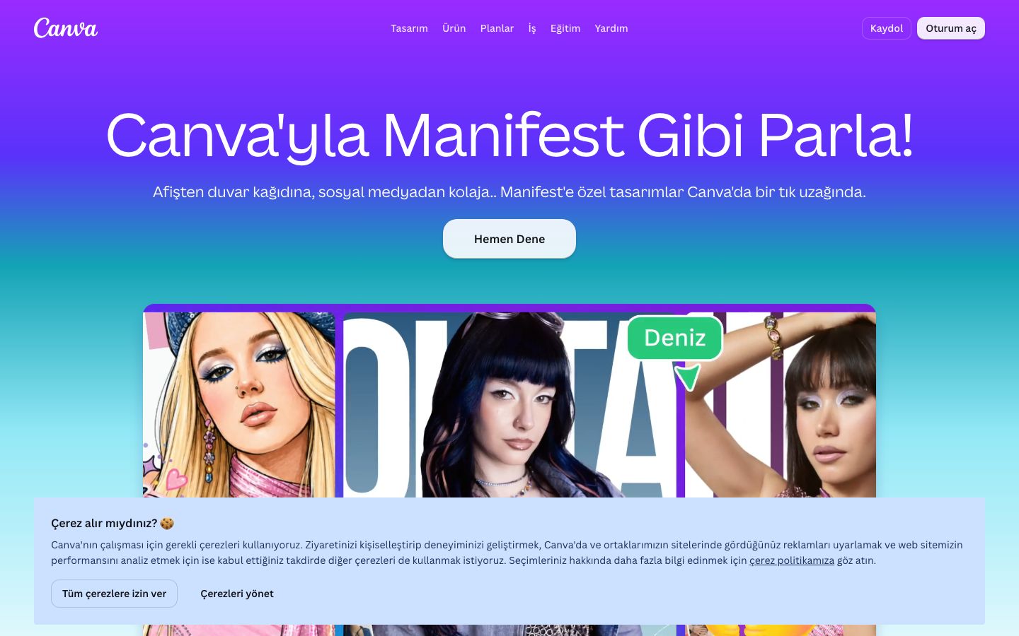 Canva ana sayfası, 2026: sürükle-bırak şablon tabanlı online tasarım aracı