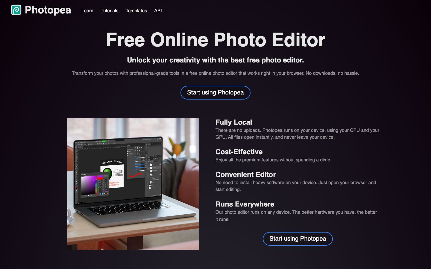Photopea arayüzü, 2026: tarayıcıda ücretsiz Photoshop alternatifi